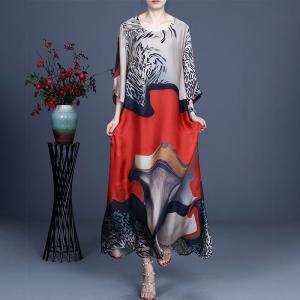 Spring Silk Maxi Painted Dress Crew Neck Flowing Elegant Dress