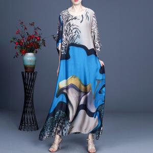 Spring Silk Maxi Painted Dress Crew Neck Flowing Elegant Dress