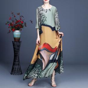 Spring Silk Maxi Painted Dress Crew Neck Flowing Elegant Dress