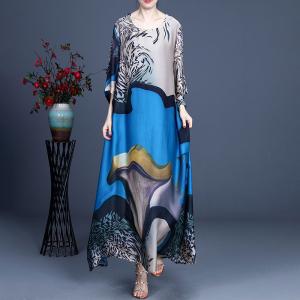 Spring Silk Maxi Painted Dress Crew Neck Flowing Elegant Dress