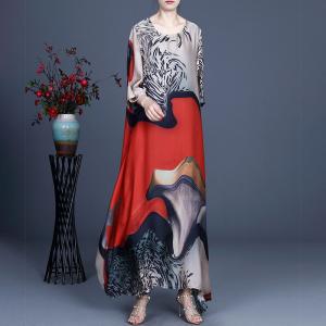 Spring Silk Maxi Painted Dress Crew Neck Flowing Elegant Dress