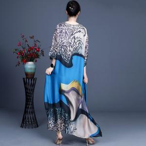 Spring Silk Maxi Painted Dress Crew Neck Flowing Elegant Dress