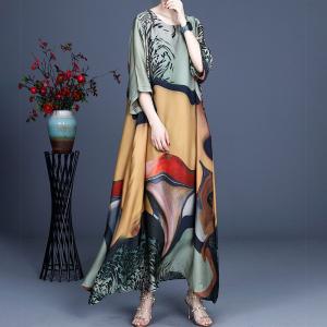 Spring Silk Maxi Painted Dress Crew Neck Flowing Elegant Dress