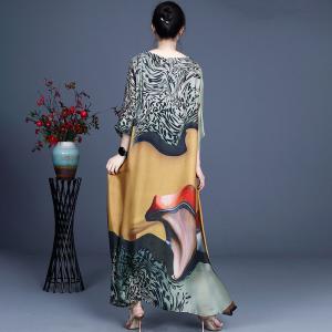 Spring Silk Maxi Painted Dress Crew Neck Flowing Elegant Dress