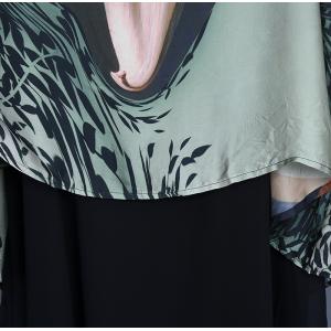 Spring Silk Maxi Painted Dress Crew Neck Flowing Elegant Dress