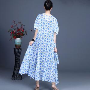 100S Ramie Dense Flowers Tied Dress Maxi Knot Front Dress