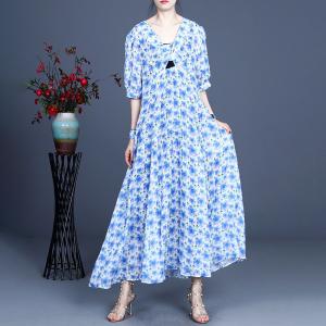 100S Ramie Dense Flowers Tied Dress Maxi Knot Front Dress