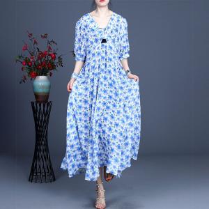 100S Ramie Dense Flowers Tied Dress Maxi Knot Front Dress