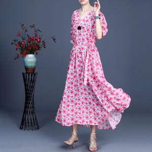 100S Ramie Dense Flowers Tied Dress Maxi Knot Front Dress