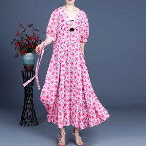 100S Ramie Dense Flowers Tied Dress Maxi Knot Front Dress