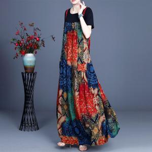 Colorful Folk Printed Sleeveless Dress Lace Up Graphic Sundress with T-shirt