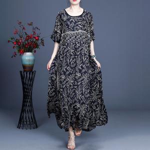 Glittering Printed Black Midi Dress Modest Short Sleeves Dress