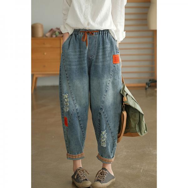 Chinese Characters Patchwork Ripped Jeans Womens Baggy Cuffed Jeans