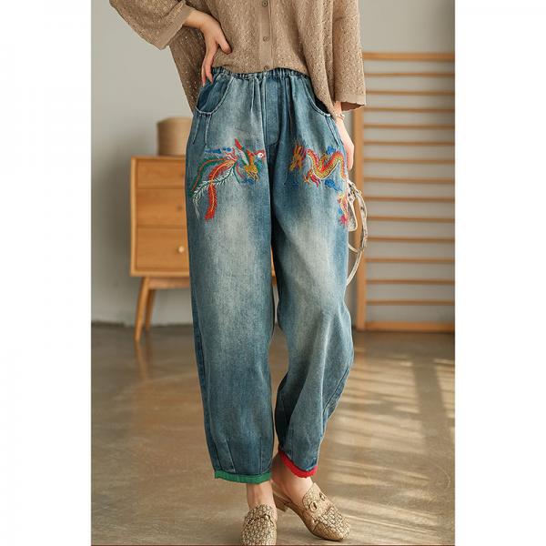 Phoenix and Dragon Embroidered Jeans Women Baggy Embellish Jeans