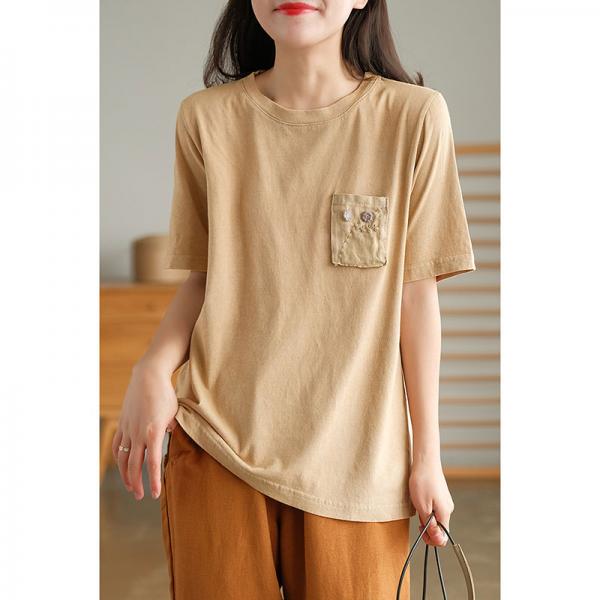 Chest Pocket Loose Embroidered Tshirt Short Sleeve Cotton Linen Tee