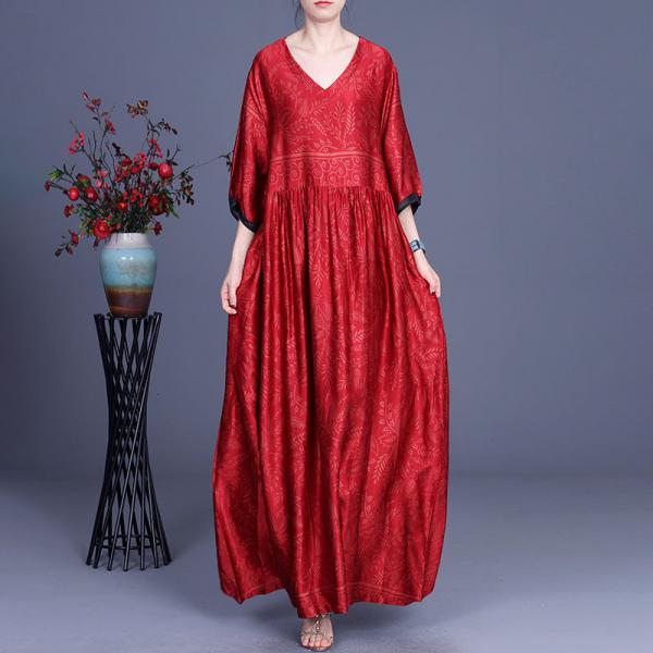 High-Waist Graphic Prints Modest Dress V-Neck Loose Maxi Dress