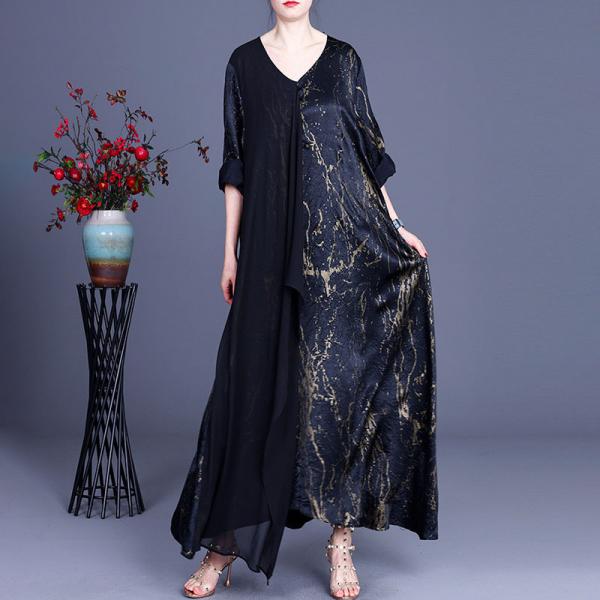Glittering Prints Black Maxi Dress V-Neck Flowing Islamic Dress