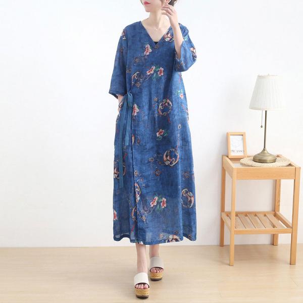 V-Neck Ethnic Printed Chinese Dress Loose Ramie Casual Wrap Dress