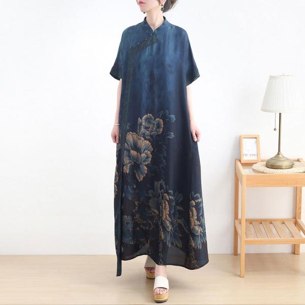 Mandarin Collar Blue Cheongsam Peony Loose Chinese Qipao