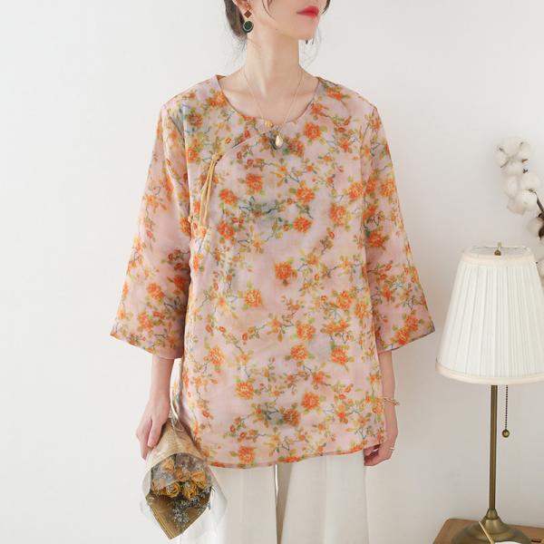 Orange Flowers Long Sleeve Ramie Clothes Chinese Buttons Resort Wear