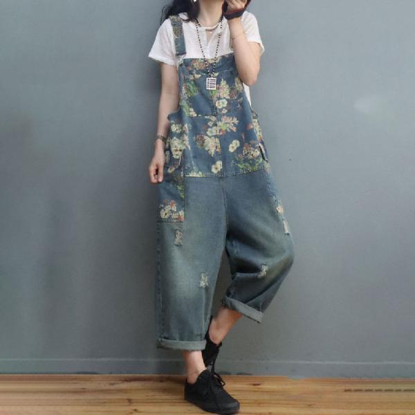 Flap Pockets Floral Overalls Baggy Distressed 90s Overalls