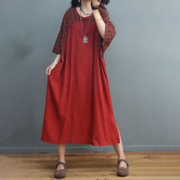 Frog Buttons Cotton Linen Summer Dress Loose Plaid Shift Dress