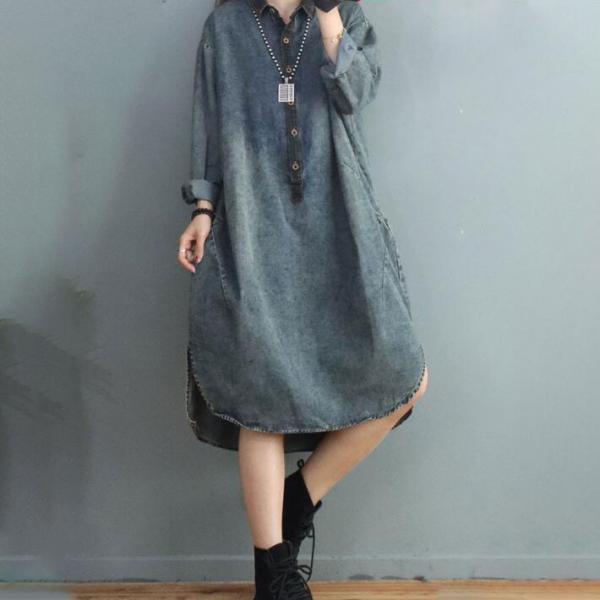 Long Sleeve Jean Midi Dress Button Down Plus Size Denim Dress