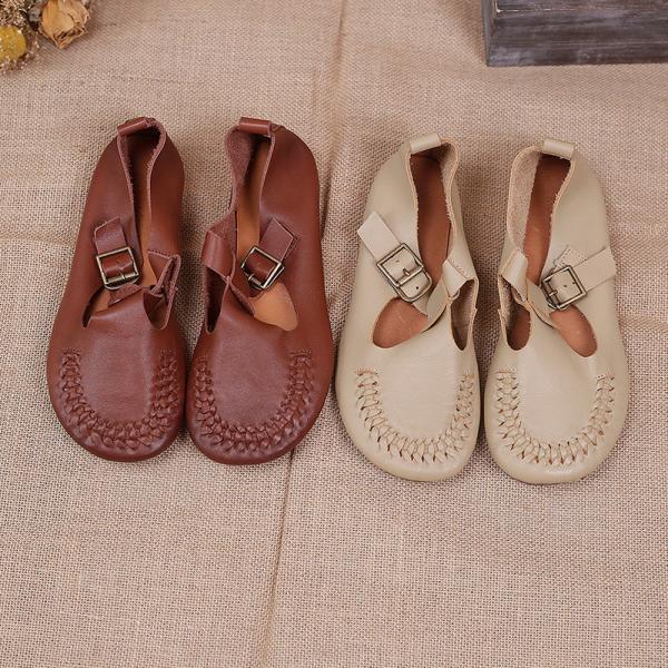 Low Heels Comfy T Strap Shoes Cowhide Leather Mom Sandals