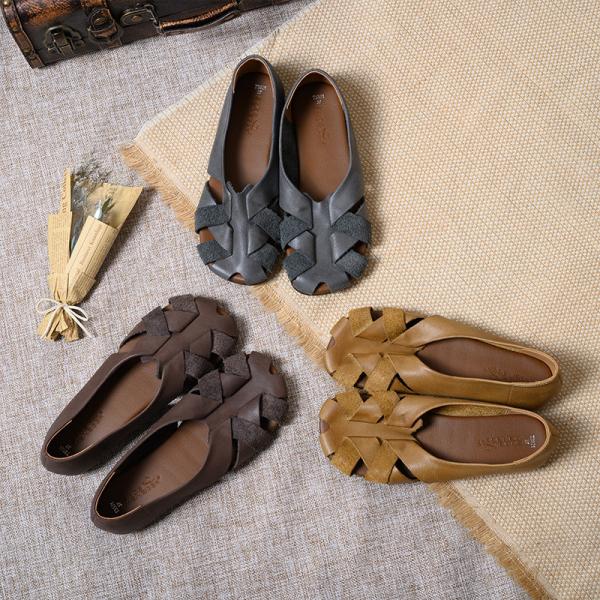 Summer Style Leather Knitting Flats Hollow Out Breathable Slip On