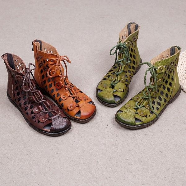 Street Style Lace Up Flat Boots Hollow Out Designer Leather Martin Boots