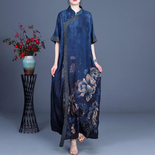 Chinese Peony Prints Vintage Cheongsam Silky Summer Loose Qipao