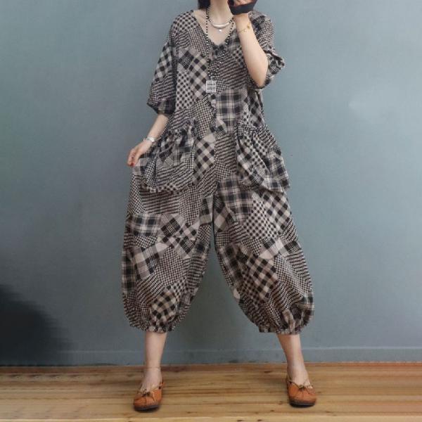 Classic Black Checkered Jumpsuits Cotton Linen Loose Coveralls