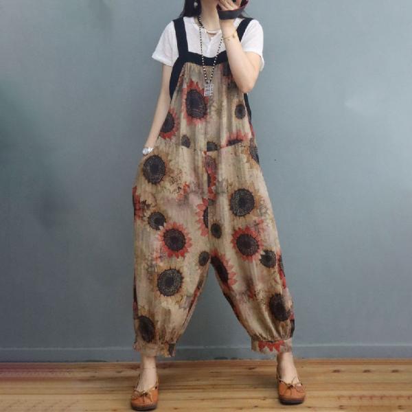 Sunflowers Printed Cotton Linen Overalls Summer Loose Flax Clothing