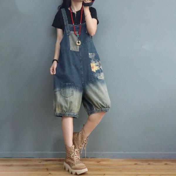 Printed Pockets Overall Shorts Denim Light Wash Rompers