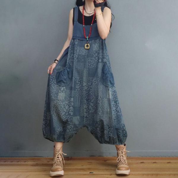 Comfy Soft Denim Balloon Overalls Folk Printed Plus Size Bloomers