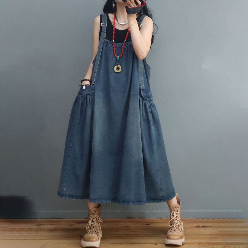 Loose-Fit Denim Flare Dress Adjustable Straps Overall Dress in Blue ...
