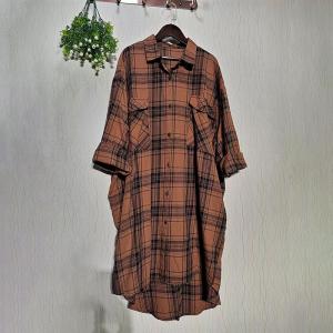 Casual Style Womens Tartan Shirt Linen Long Sleeves Shirt