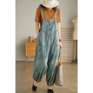 Balloon Legs Stone Wash Bib Overalls Baggy Denim Salopette for Women