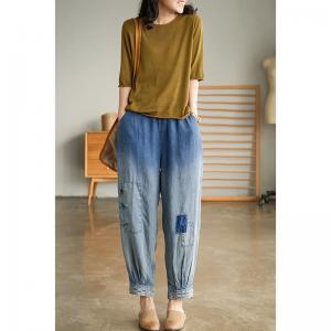 Blue Gradient Patchwork Pull-On Pants Chinese Button Vintage Jeans