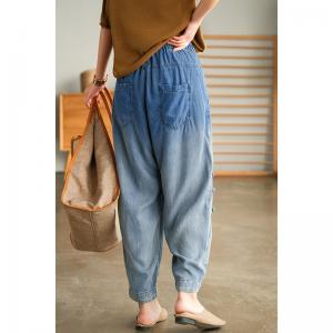 Blue Gradient Patchwork Pull-On Pants Chinese Button Vintage Jeans
