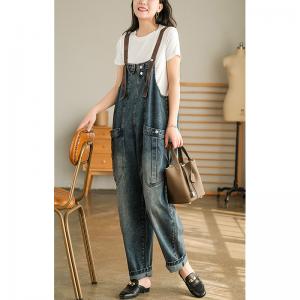 Straight Pockets Baggy Jean Dungarees Stone Wash Adjustable Straps Overalls