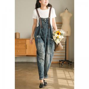 Straight Pockets Baggy Jean Dungarees Stone Wash Adjustable Straps Overalls