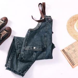 Straight Pockets Baggy Jean Dungarees Stone Wash Adjustable Straps Overalls