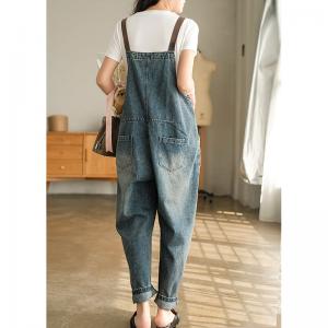 Straight Pockets Baggy Jean Dungarees Stone Wash Adjustable Straps Overalls