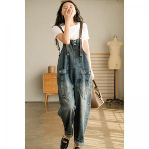 Straight Pockets Baggy Jean Dungarees Stone Wash Adjustable Straps Overalls