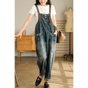 Straight Pockets Baggy Jean Dungarees Stone Wash Adjustable Straps Overalls