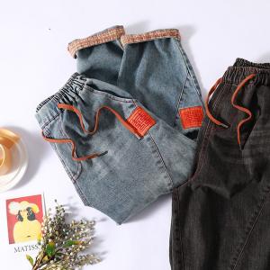 Chinese Characters Patchwork Ripped Jeans Womens Baggy Cuffed Jeans