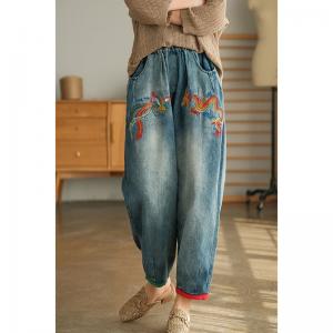 Phoenix and Dragon Embroidered Jeans Women Baggy Embellish Jeans