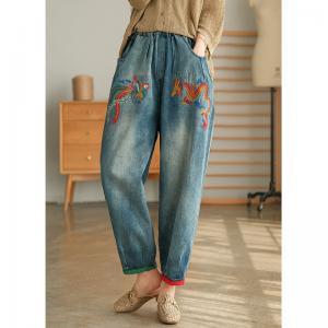 Phoenix and Dragon Embroidered Jeans Women Baggy Embellish Jeans