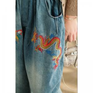 Phoenix and Dragon Embroidered Jeans Women Baggy Embellish Jeans